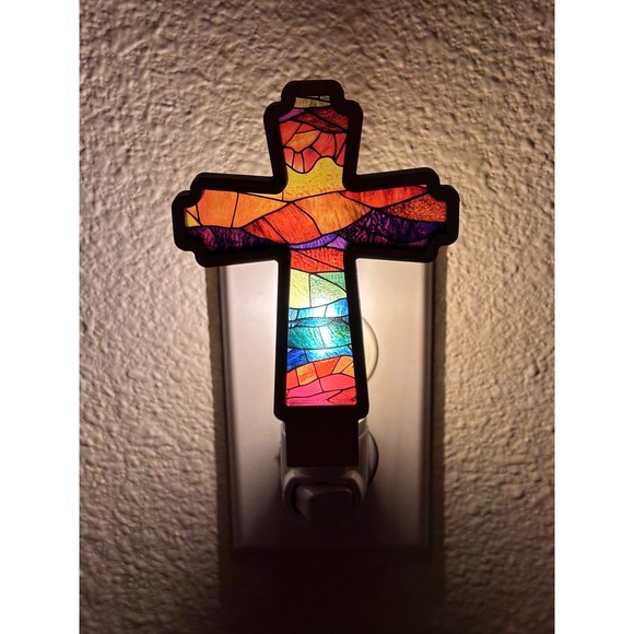 Cross Night Light Plug In Religious Home Decor Stained Glass Look Handcrafted - Picture 3 of 11